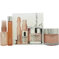 Clinique gift set with pink gel-cream jar, face spray bottle, and eyes serum tube, all in sleek packaging.