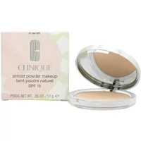 Clinique Almost Powder Makeup SPF 15 Fair in a round compact with mirror, next to floral-patterned box.