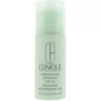 Clinique Anti-Perspirant Deodorant Roll-On 75ml, pale green bottle with black text and logo.