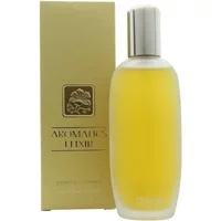 Clinique Aromatics Elixir Eau De Parfum 100ml, yellow liquid in clear bottle with silver cap, gold box packaging.