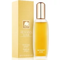 Clinique Aromatics Elixir Eau De Parfum 25ml, gold cap, amber liquid, with textured beige box.