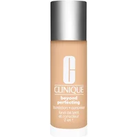 Clinique Beyond Perfecting Foundation & Concealer in Cream Whip, beige bottle with silver cap and white logo.