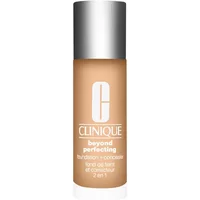 Clinique Beyond Perfecting Foundation & Concealer in Honey, beige liquid in clear bottle with silver cap.