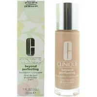 Clinique Beyond Perfecting Foundation & Concealer in Linen, beige liquid in clear bottle with silver cap and box.