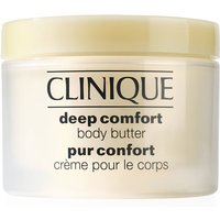 Clinique Deep Comfort Body Butter 200ml in a round, translucent jar with a beige lid and black text.