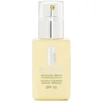 Clinique yellow lotion bottle with silver pump, labeled "Dramatically Different Moisturising Lotion + SPF 50 75ml".