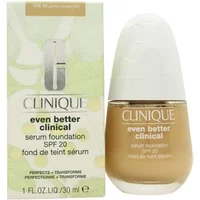 Clinique serum foundation SPF 20 in CN 90 Sand, beige bottle with silver cap, next to matching box.