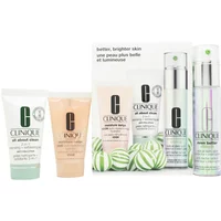 Clinique gift set with serum, gel cream, exfoliating jelly in white tubes and bottles with green accents.