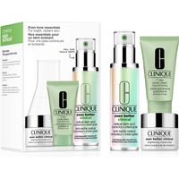 Clinique Even Tone Essentials Gift Set with serum, moisturizer, and cream in pastel gradient bottles and green tubes.