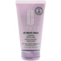 Clinique Foaming Sonic Facial Soap 150ml in a light purple tube with white text and Clinique logo.
