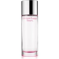 Clear glass bottle with silver cap, pink "Clinique Happy Heart" text, containing 50ml Eau de Parfum Spray.