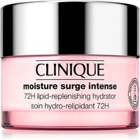 Pink Clinique jar with silver lid, labeled "Moisture Surge Intense 72H Lipid-Replenishing Hydrator."