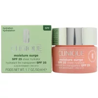 Clinique Moisture Surge Sheer Hydrator SPF 25, 75ml peach jar with silver lid, next to green box.