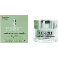 Clinique Repairwear Anti-Gravity Eye Cream 15ml in a clear jar with silver lid, next to green box packaging.