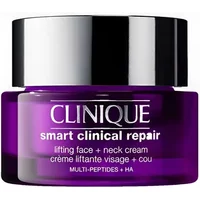 Clinique Smart Clinical Repair cream in a purple jar with a silver lid, labeled for face and neck lifting, 50ml.