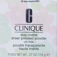 Clinique Stay-Matte Sheer Pressed Powder 02 Stay Neutral packaging with floral background and black text.