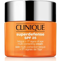 Clinique Superdefense cream in orange jar with silver lid, SPF 25, 50ml, anti-fatigue and multi-correcting formula.