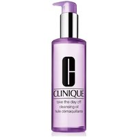 Purple Clinique cleansing oil bottle with pump dispenser and black logo, 200ml size.