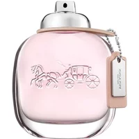 Clear glass bottle of Coach Eau De Toilette 90ml with silver cap, embossed horse and carriage, and leather tag.