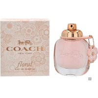 Coach Floral Eau de Parfum Spray 50ml, pink bottle with gold cap and floral charm, matching floral box.