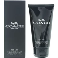 Black tube of Coach For Men Aftershave Balm 150ml with silver logo and text, next to matching box.