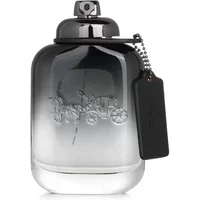 Clear glass Coach For Men Eau De Toilette bottle with black cap and attached leather tag.