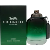 Coach Green Eau De Toilette 100ml bottle with gradient green glass and silver cap, next to matching green box.