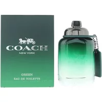 Coach Green Eau De Toilette 60ml bottle, gradient green glass with silver cap, next to matching green box.