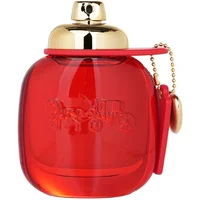 Red Coach Love Eau De Parfum 50ml bottle with gold cap, embossed horse and carriage, and attached gold chain.