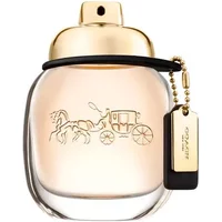 Clear glass bottle of Coach New York Eau De Parfum with gold cap and horse carriage logo, 30ml.
