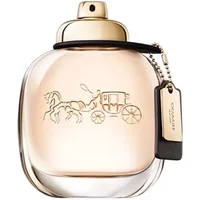 Clear glass bottle of Coach New York Eau De Parfum with gold cap and horse carriage logo.