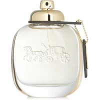 Clear glass bottle of Coach New York Eau De Parfum 90ml with gold cap and embossed horse and carriage design.