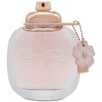 Pink Coach New York Floral Eau De Parfum bottle, gold cap, flower charm, embossed floral design, 90ml.