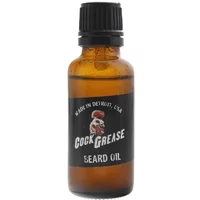 Amber bottle of Cock Grease Beard Oil with black label and screw cap, featuring a rooster logo.