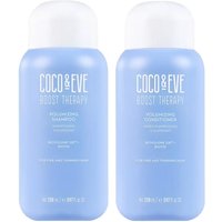 Coco & Eve Boost Therapy Volumising Shampoo and Conditioner in light blue bottles with white caps, 280ml each.