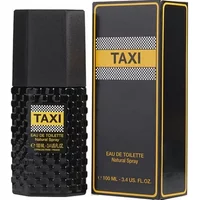 Black textured Cofinluxe Taxi Eau De Toilette bottle with yellow label, next to matching black and yellow box.