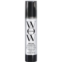 Clear bottle of Color Wow Pop & Lock High Gloss Finish, black cap, silver label with bold black text, 55ml size.