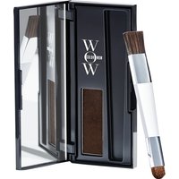 Black compact with mirror, dark brown powder, and dual-ended brush for root touch-up.