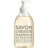 Clear bottle of Compagnie De Provence liquid soap with white pump, labeled "Savon Liquide Marseille Extra Pur Bois d'Olivier."