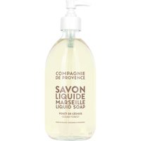 Clear bottle of Compagnie De Provence Liquid Marseille Soap Cedar Forest with pump dispenser, 495 ml.