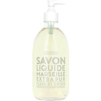 Clear bottle of Compagnie De Provence Liquid Marseille Soap, Cotton Flower scent, with white pump and label.