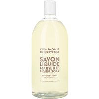 Clear bottle of Compagnie De Provence Liquid Marseille Soap Refill, Cedar Forest scent, 1 L with white cap.