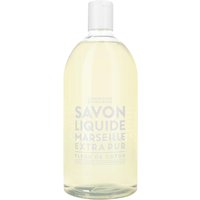 Clear bottle of Compagnie De Provence Liquid Marseille Soap Refill, Cotton Flower scent, 1000 ml, with white cap.