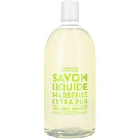 Clear bottle of Compagnie De Provence Liquid Marseille Soap Refill, yellow-green label, 1000 ml, Fresh Verbena scent.