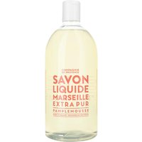 Clear bottle of Compagnie De Provence Liquid Marseille Soap Refill, pink grapefruit scent, 1000 ml, with red text.