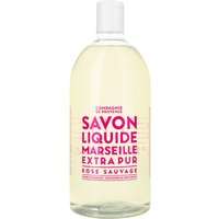 Clear bottle of Compagnie De Provence Liquid Marseille Soap Refill, Wild Rose scent, 1000 ml with pink text.