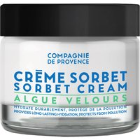 White jar of Compagnie De Provence Sorbet Cream with black lid and blue-green text, 50 ml.