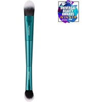 Teal double-ended makeup brush with fluffy bristles, labeled "Complexion Duo" by TRUYU, award badge in corner.