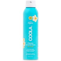 Blue Coola SPF 30 body spray can with white cap, featuring floral design and "Pina Colada" text.