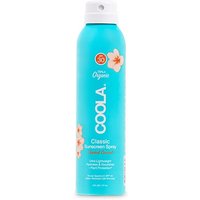 Coola SPF 30 Body Spray in blue can with white cap, tropical coconut scent, floral design, 177 ml.
